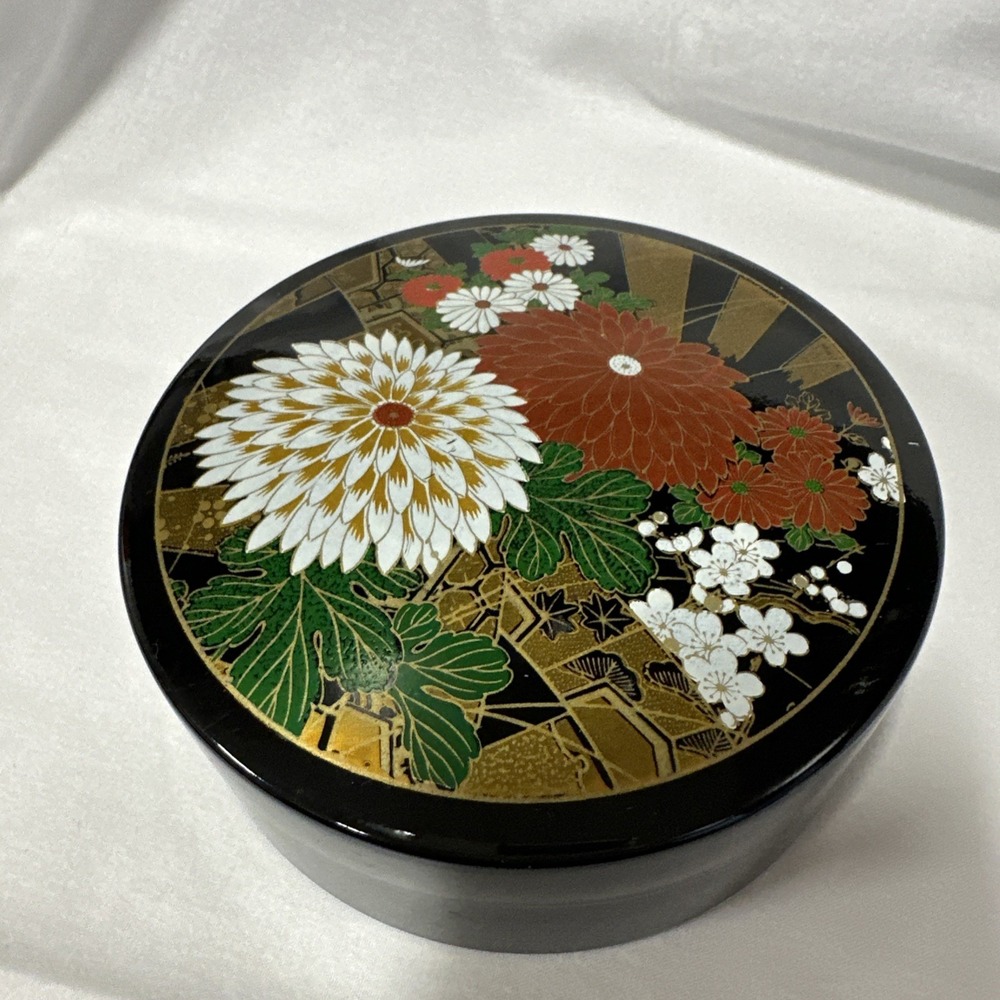 Vtg Made In Japan Trinket Box Round Lid Black Gold Red‎ Flowers Leaves